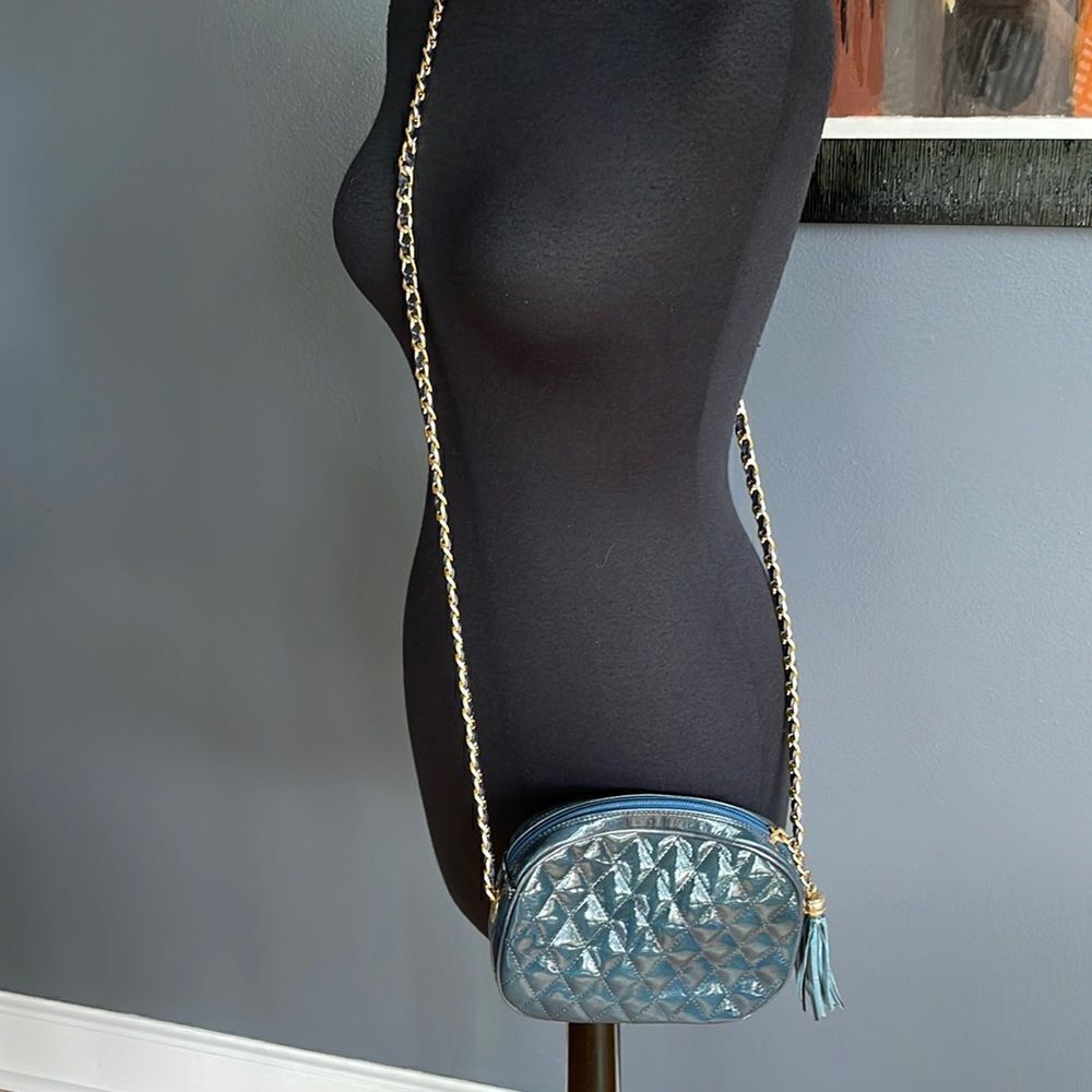 Nordstrom deep teal quilted patent leather woven chain crossbody bag. Tassel zip